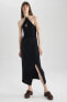 Фото #4 товара Платье женское Defacto Bodycon с разрезом черное из смесовой льняной ткани