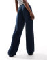 Bershka tie waist wide leg linen trousers in navy