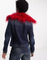 COLLUSION Y2K wash cropped denim jacket co-ord with detachable red fur trim in dark blue