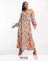 Vila Petite balloon sleeve midi dress with frill waist in bright bold floral