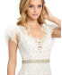 Women's Embellished Feather Cap Sleeve Illusion Neck Trumpet Gown