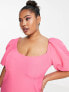 ASOS DESIGN Curve – Midikleid in Pink mit asymmetrischem Ausschnitt und Puffärmeln