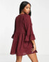 Фото #2 товара ASOS DESIGN batwing sleeve smock mini dress in burgundy base black spot