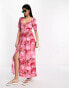 ASOS DESIGN square neck button through spun midi dress in rose print