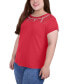 Фото #3 товара Plus Size Short Sleeve Knit Top with Mesh Yoke and Stone Detail