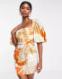 Фото #2 товара ASOS DESIGN exaggerated blouson sleeve mini dress with wrap waist in tropical palm print