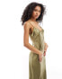 Miss Selfridge satin lace trim maxi slip dress in khaki Зеленый, 32 - фото #3