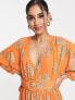 Фото #5 товара ASOS DESIGN Petite belted batwing maxi tea dress in orange metallic jacquard