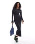 Фото #2 товара ASOS DESIGN knitted crew neck maxi dress with cuff splits in charcoal - GREY