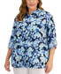 Фото #1 товара Plus Size 100% Linen Printed Roll-Tab Shirt, Created for Macy's