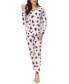Фото #5 товара Women's Printed Microfleece V-neck Long Sleeve Top with Jogger 2 Pc Pajama Set