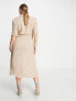 ASOS DESIGN Curve wrap tux midi dress with shoulder pads in stone