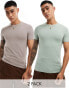 ASOS DESIGN 2 pack muscle fit t-shirts in brown and light green