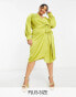 Never Fully Dressed Plus satin wrap midi dress in olive green