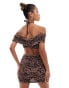 Murci textured lurex off shoulder halterneck top and mini skirt set in bronze