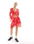 Something New X Chloe Frater mesh frill detail mini skirt co-ord in red washed floral Salsa, 2XS - фото #2