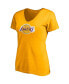 ფოტო #3 პროდუქტის Women's LeBron James Gold Los Angeles Lakers Logo Playmaker Name Number V-Neck T-shirt