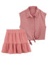 Kid 2-Piece Button-Up Tie-Front Gauze Top & Tiered Skort Set 4