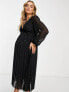 ASOS DESIGN Maternity button detail ruched waist pleated midi dress in metallic dobby in black