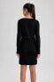 Bodycon Kare Yaka Premium Uzun Kollu Mini Elbise