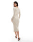 Фото #3 товара YAS ribbed bodycon knitted midi dress with tie neck in cream - CREAM