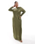 Фото #1 товара ASOS DESIGN Curve satin biased maxi dress with button detail in khaki