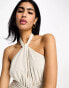 Фото #3 товара ASOS DESIGN twist neck halter mini dress with ruched skirt in oatmeal