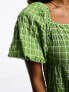 Фото #10 товара Monki tiered midi smock dress with puff sleeves in green check