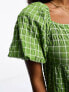 Monki tiered midi smock dress with puff sleeves in green check