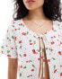 Фото #3 товара ONLY linen mix tie front top co-ord in cherry print