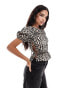 ASOS DESIGN poplin shirred puff sleeve top in leopard print