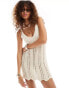 Monki crochet knitted mini dress with fluted hem in vintage cream Белый, S - EU 38-40 - фото #1