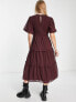 Wednesday's Girl puff sleeve tiered midi dress in plum brown