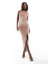 Фото #1 товара ASOS DESIGN high neck velvet bodycon midi dress with split in blush pink