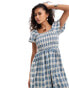 Daisy Street shirred top puff sleeve midi smock dress in blue check