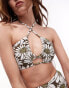 Topshop halter neck bikini top in khaki daisy print