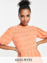 ASOS DESIGN Petite high neck pleated chevron dobby midi dress with puff sleeve in coral