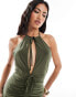 ASOS DESIGN halter neck with cut out maxi dress with ruching in khaki Зеленый, L - EU 44-46 - фото #4