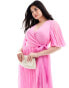 ASOS DESIGN Curve exclusive pleated midi dress with kimono sleeve and tie waist in pink