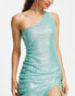 Simmi Petite Summer sequin embellished one shoulder midi dress with thigh split in turquoise