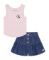 ფოტო #1 პროდუქტის Little Girls Scoop Neck Logo Tank and Peplum Denim Skort, 2 Piece Set