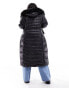 River Island Plus maxi belted puffer with faux fur hood in black Черный, 46 - фото #3