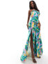 True Violet satin one shoulder slip maxi dress in abstract print