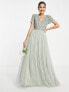 Maya Bridesmaid short sleeve maxi tulle dress with tonal delicate sequins in sage green