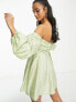 Фото #2 товара ASOS DESIGN Petite washed off shoulder balloon slv mini dress with wrap corset detail in sage green