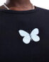 Monki long sleeve cropped top in black with butterfly front print Черный, M - EU 42-44 - фото #2