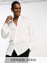 ASOS DESIGN satin shirt with blouson sleeve and grandad neck in off white