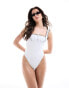 Фото #1 товара The Frolic omura lettuce edge ruched bust swimsuit in off white with black contrast