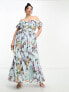 ASOS DESIGN Curve ruffle cut out off the shoulder maxi dress with hi low hem in blue floral print