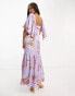 ASOS DESIGN satin flutter sleeve v-neck maxi dress with tier hem in lilac paisley print